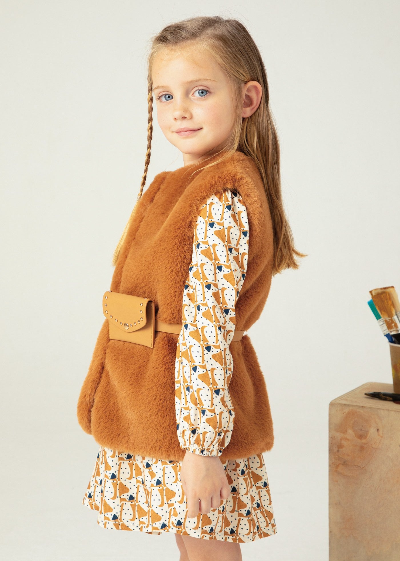 Premium Caramel Fur Vest with Adjustable Belt for Girls