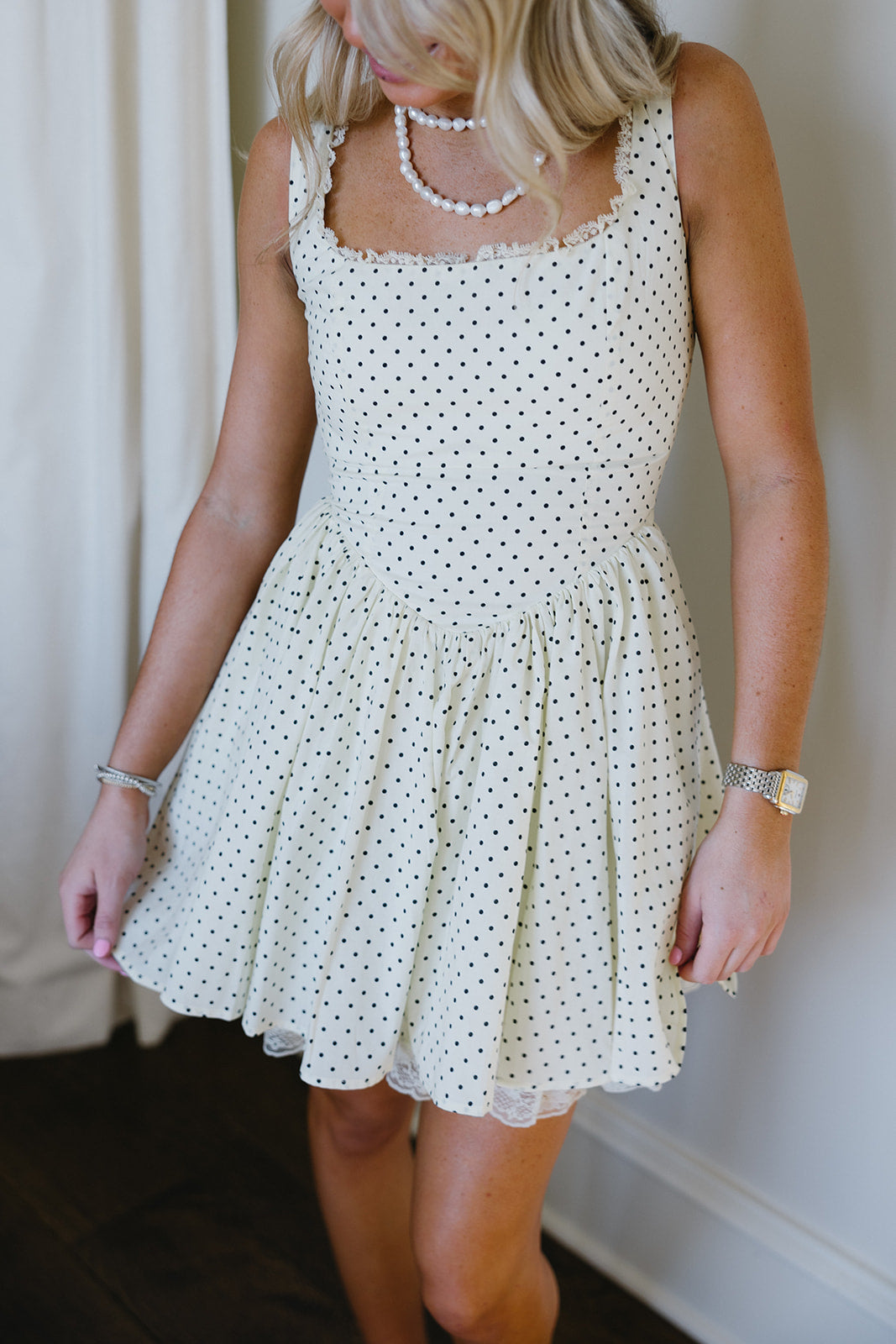 Arlie Polka Dot Mini Dress - Elegant Lace Trim