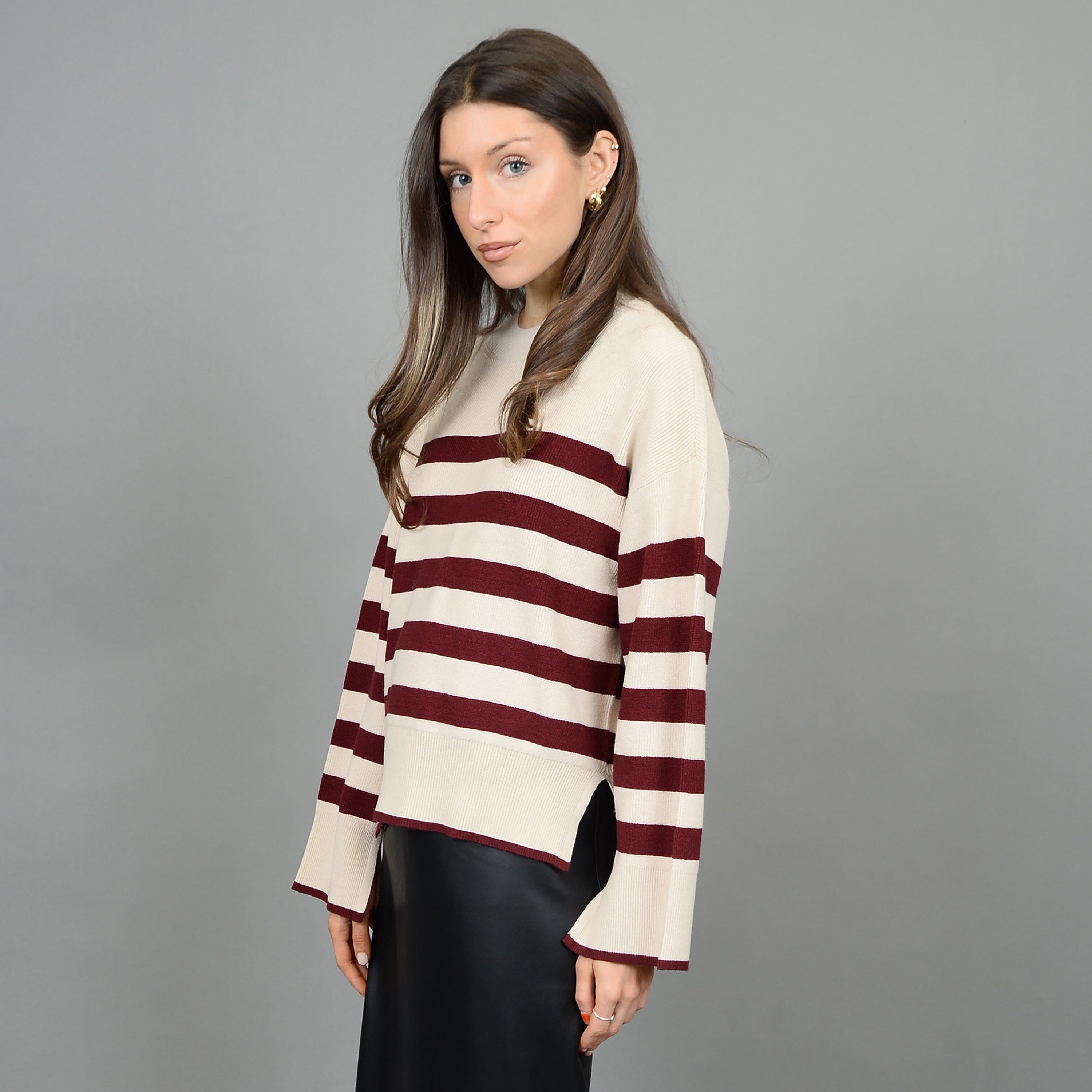 Premium Lightweight Stripe Crewneck Sweater - Cream & Burgundy