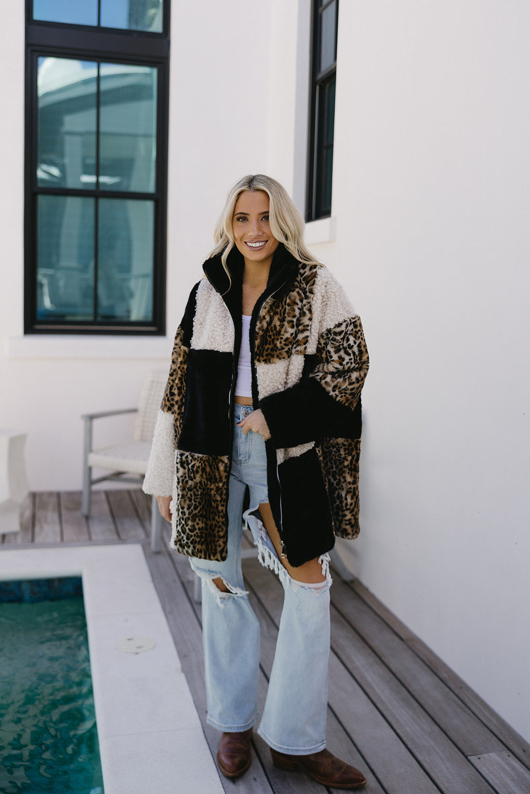 Premium Layna Leopard Print Faux Fur Coat - Black