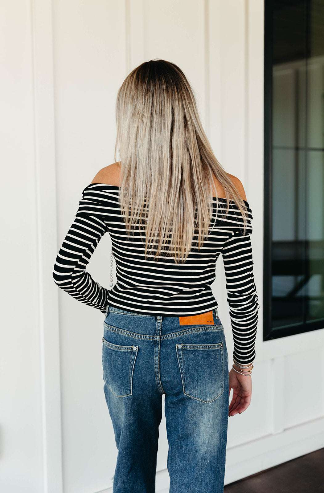 Premium Lilah Striped Off-Shoulder Top - Black/Beige