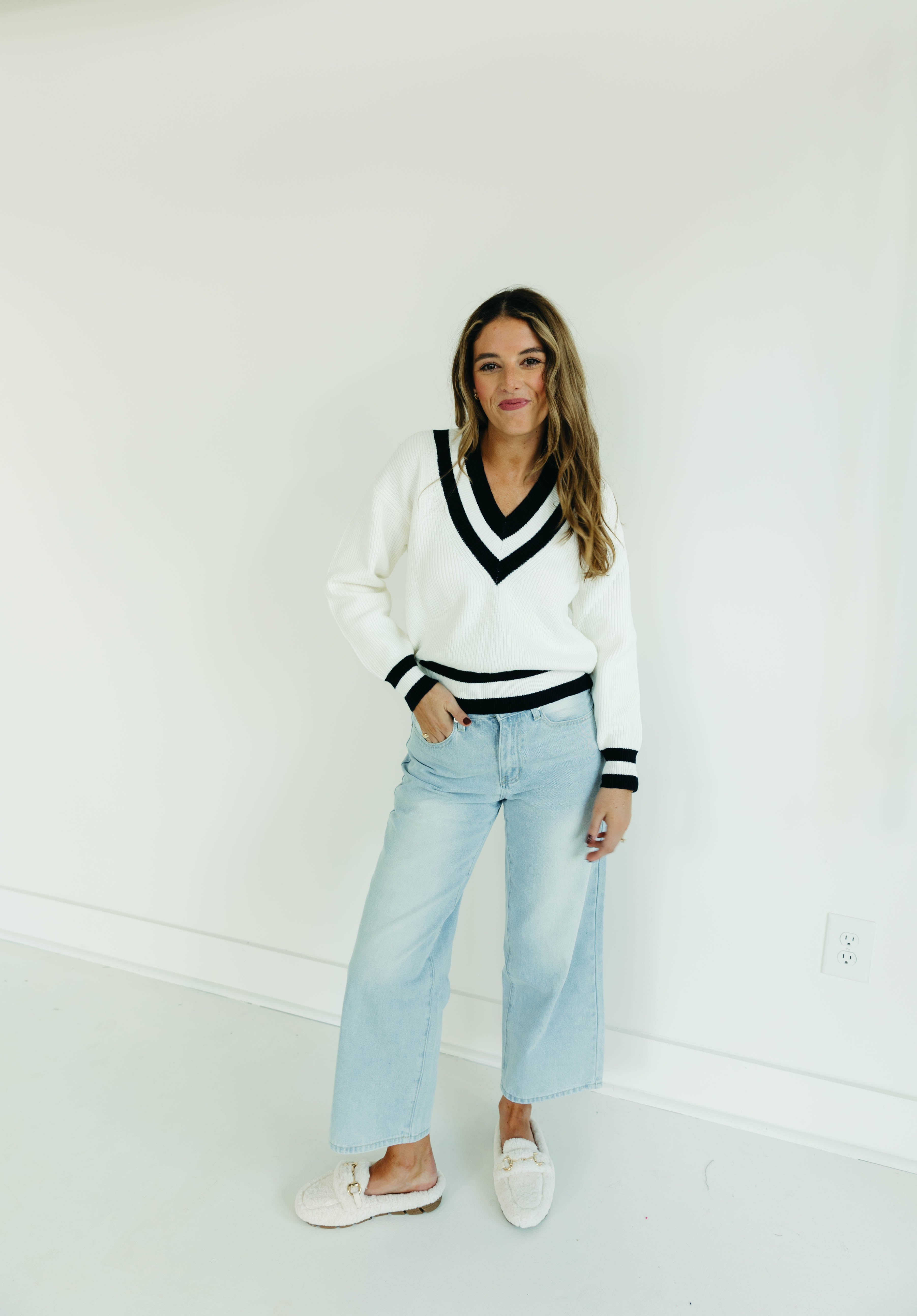 Premium Varsity Stripe Sweater - Ivory & Navy