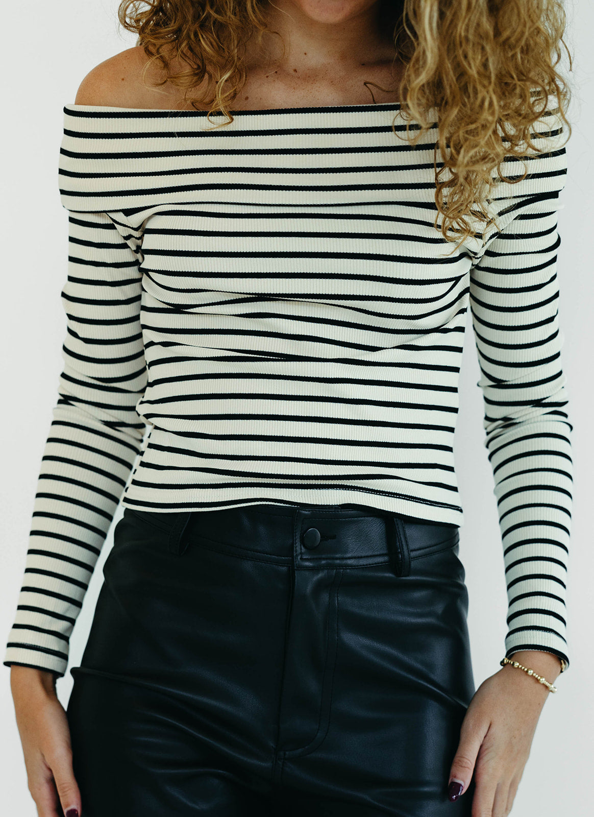 Premium Lilah Striped Off-Shoulder Top - Beige/Black