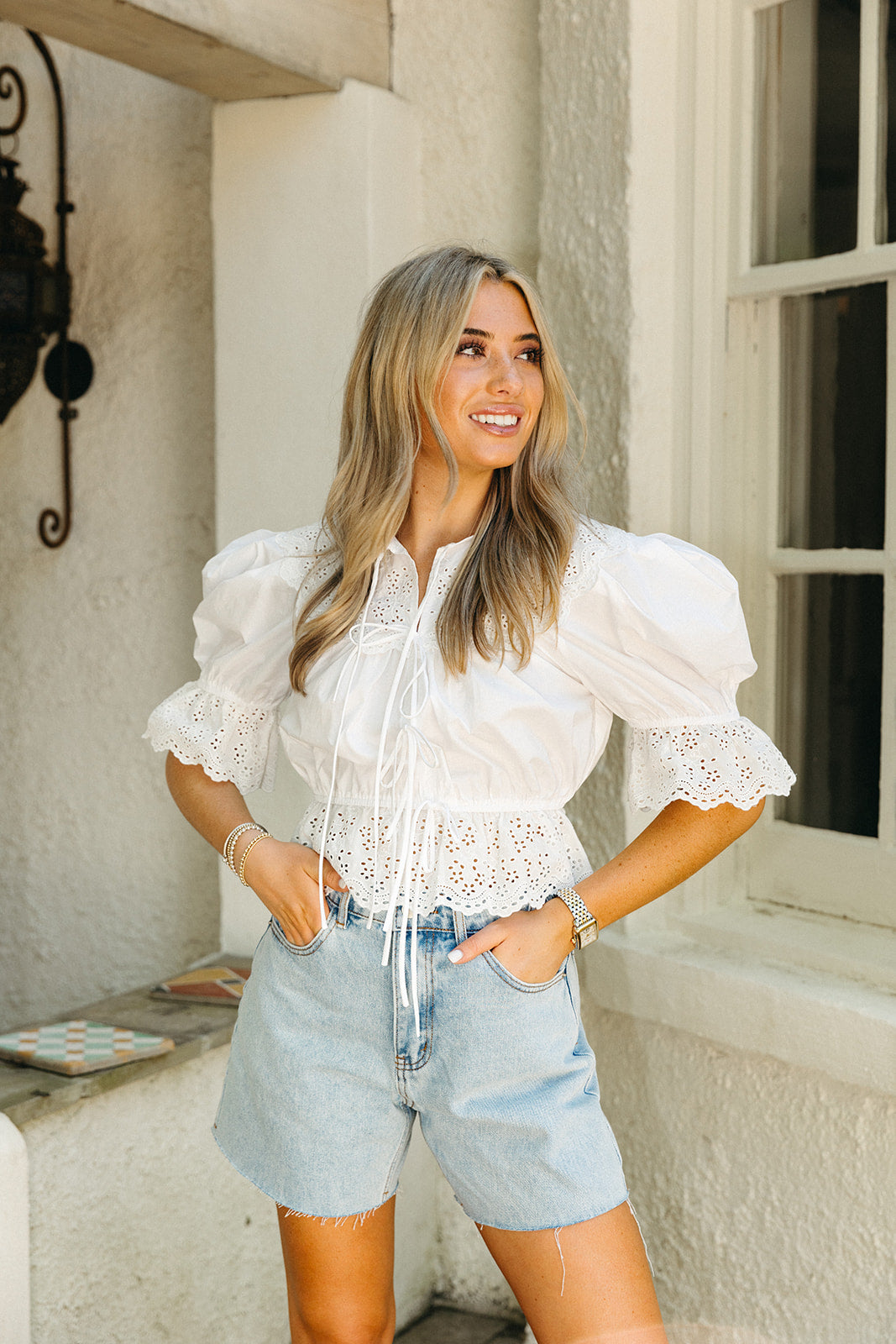 Premium Beverly Embroidered Tie Top - Off White
