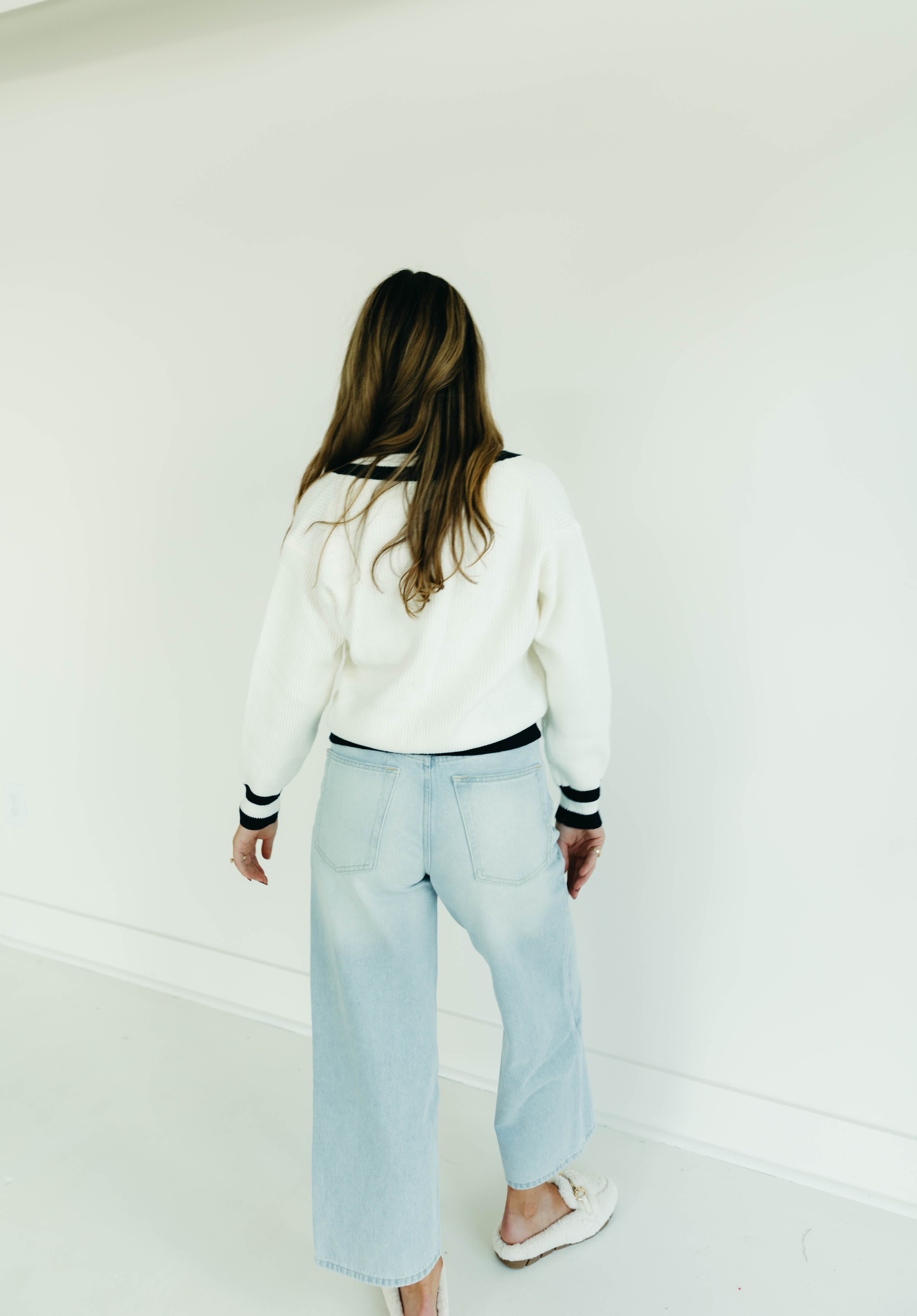 Premium Varsity Stripe Sweater - Ivory & Navy