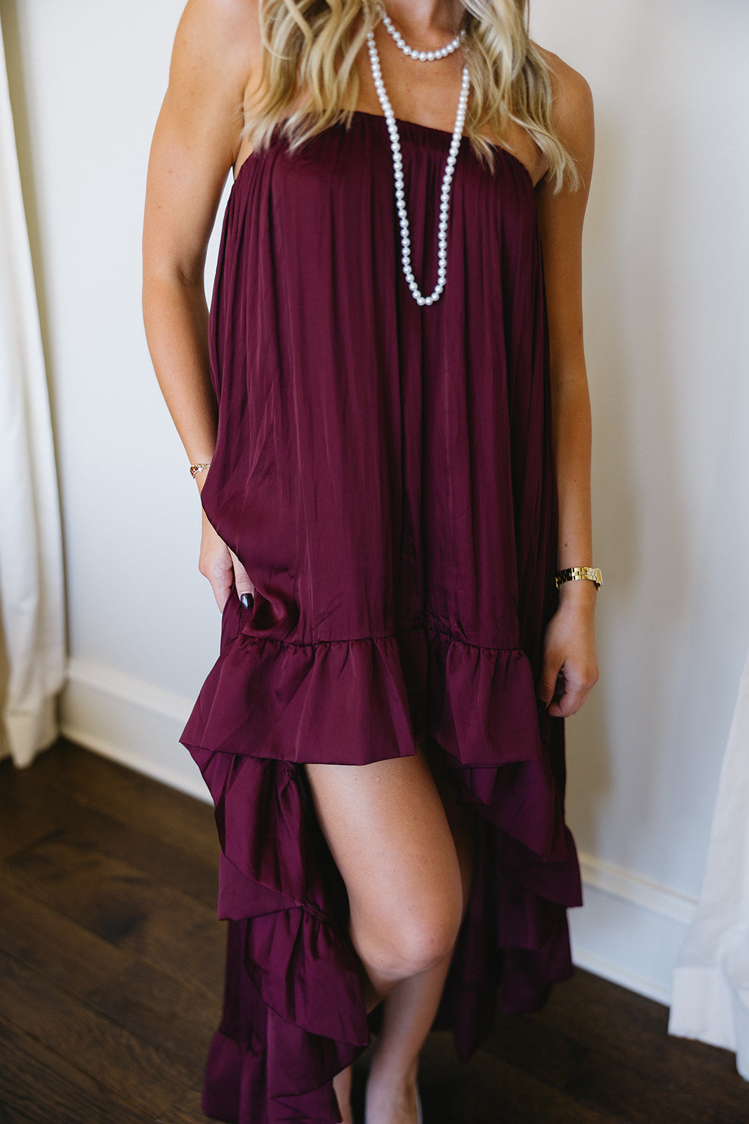 Premium High-Low Ruffle Dress - Burgundy