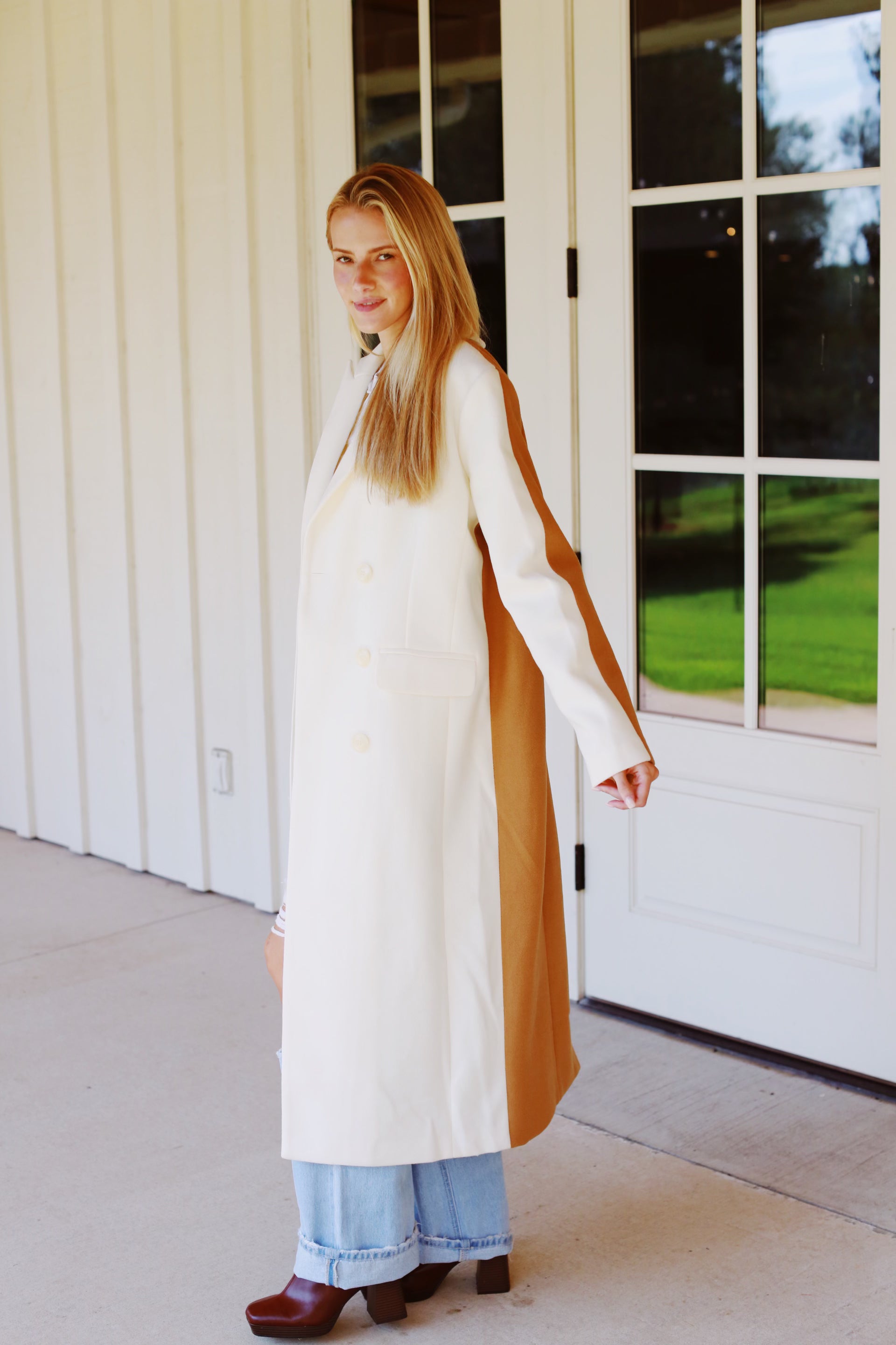Premium Kris Colorblocked Long Coat - Ivory/Beige