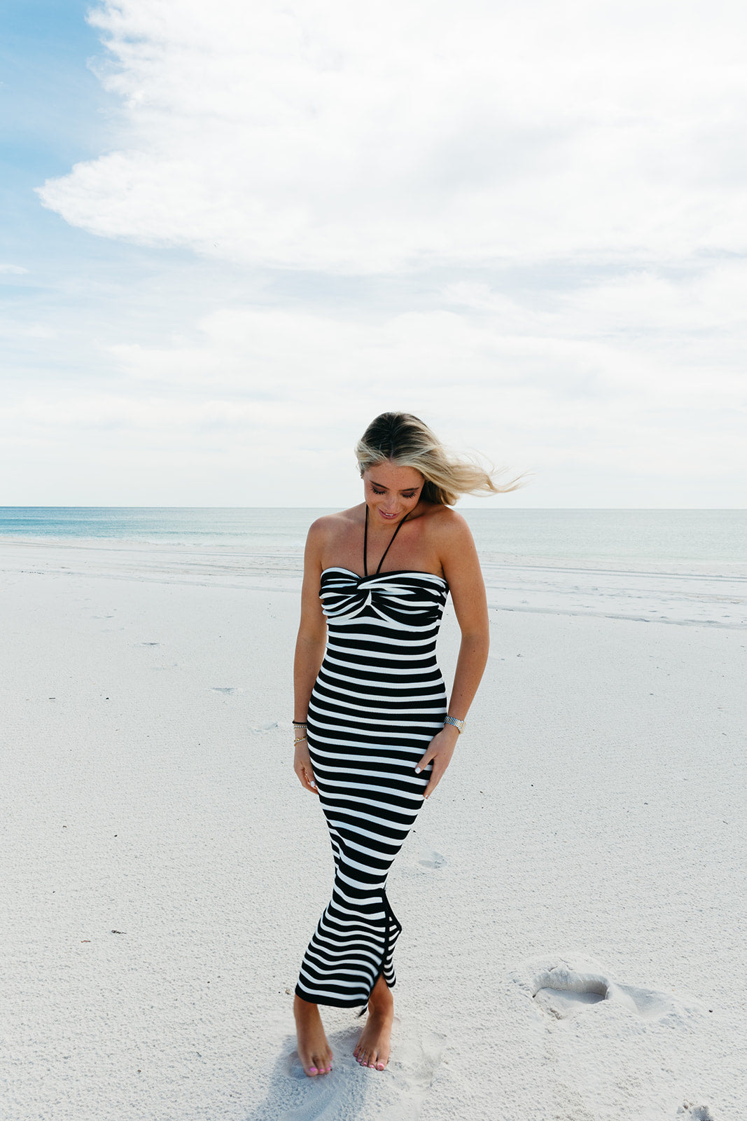 Premium Striped Maxi Dress - Black & White Knot Detail