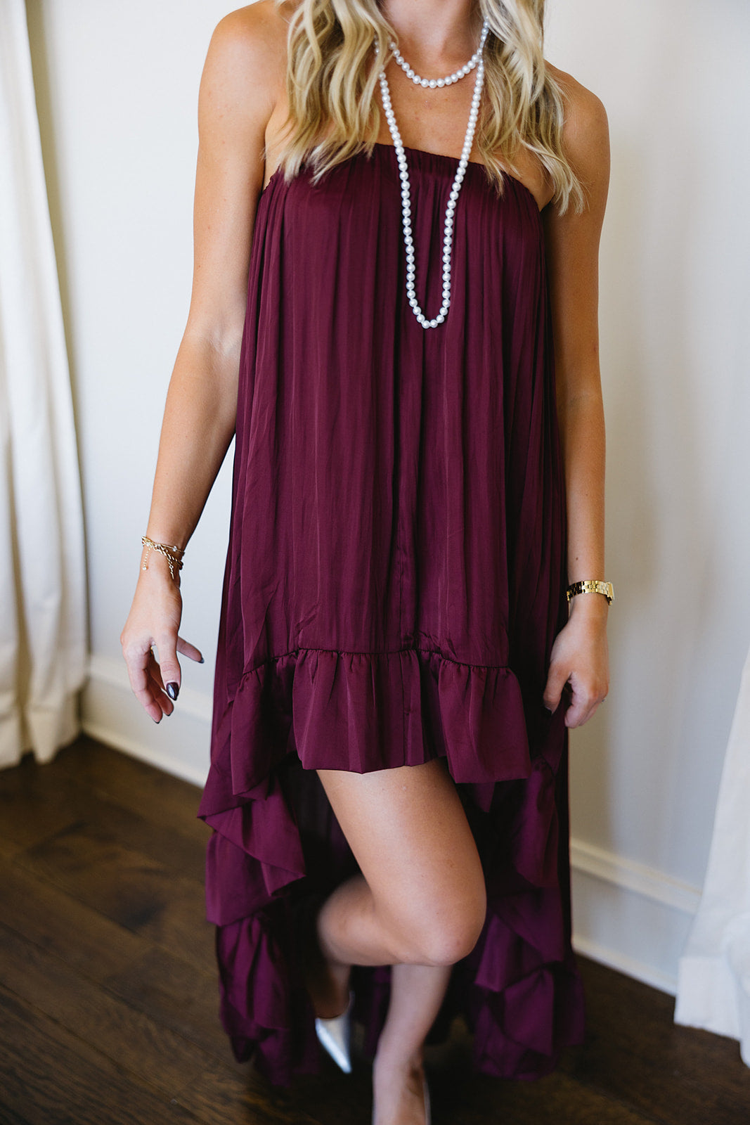 Premium High-Low Ruffle Dress - Burgundy