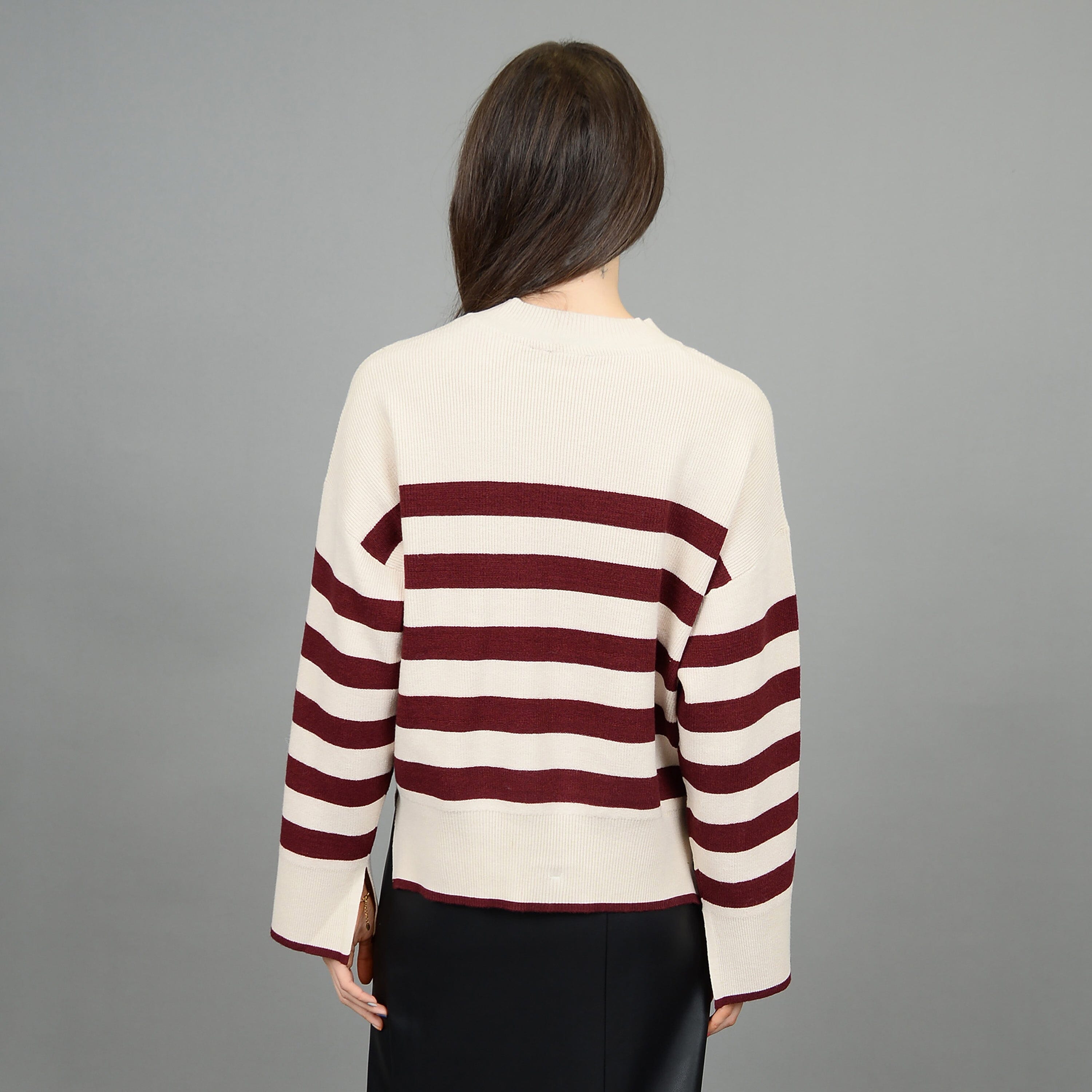 Premium Lightweight Stripe Crewneck Sweater - Cream & Burgundy