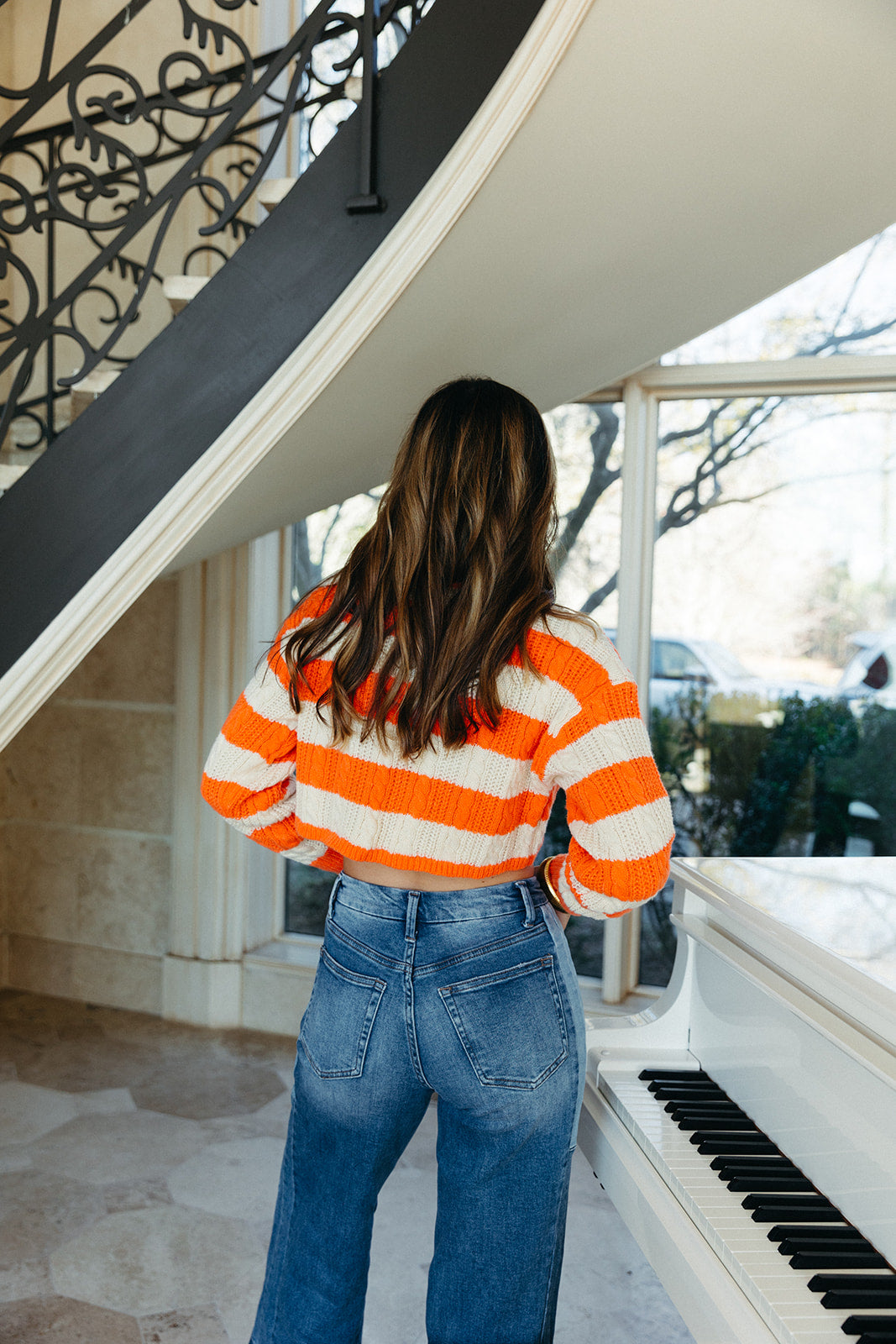 Premium Savannah Striped Sweater - Orange & Cream | Stylish Cropped Fit