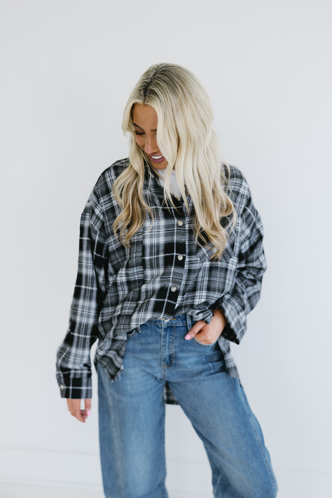 Premium Oversized Flannel Button-Up Top - Black