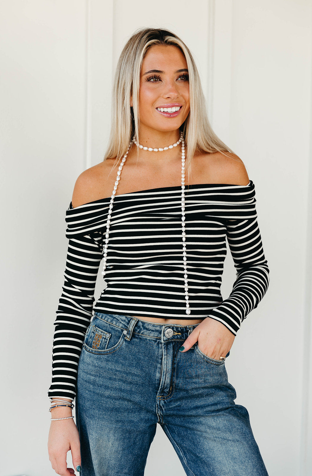 Premium Lilah Striped Off-Shoulder Top - Black/Beige