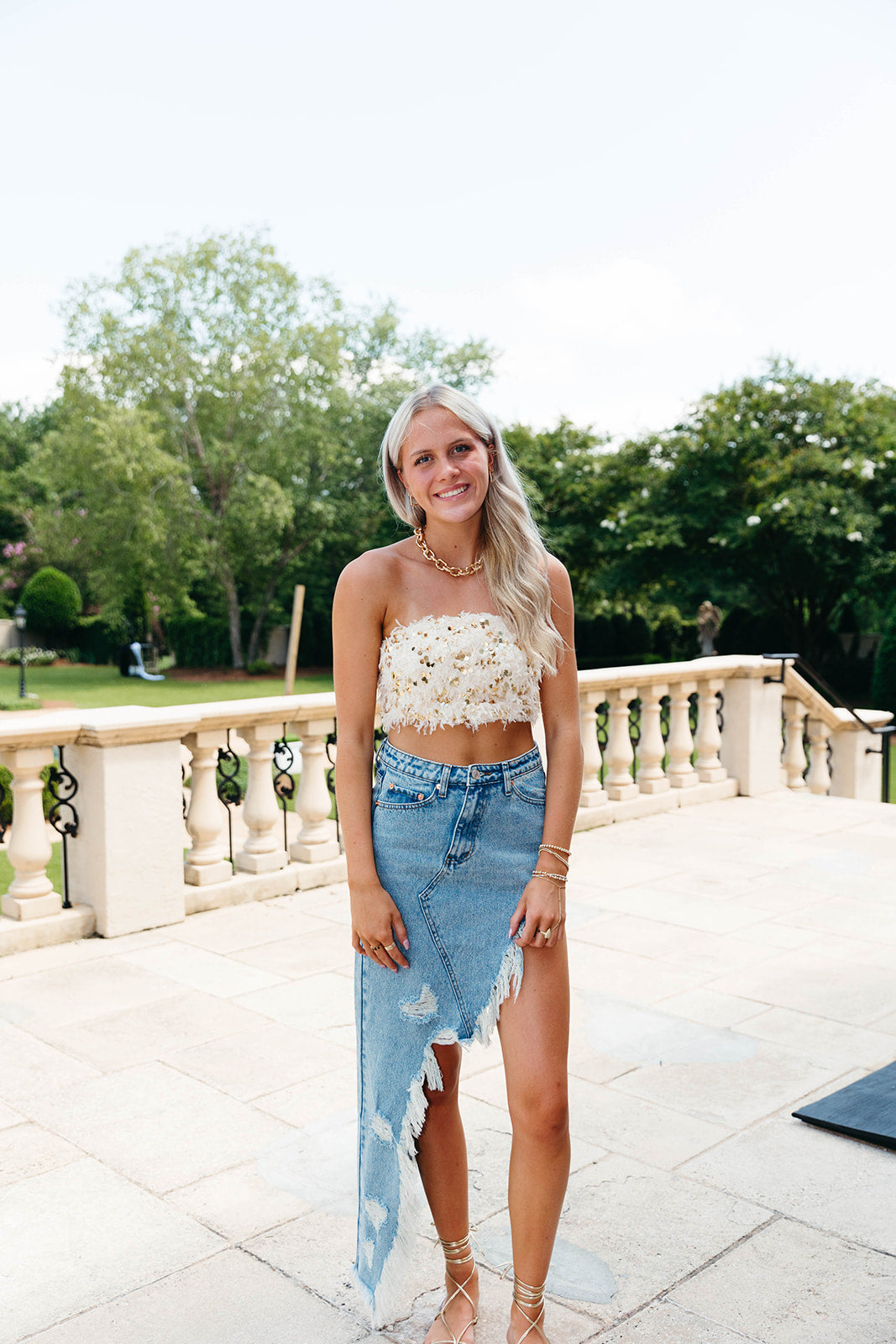 Premium Feather Sequin Tube Top - Cream