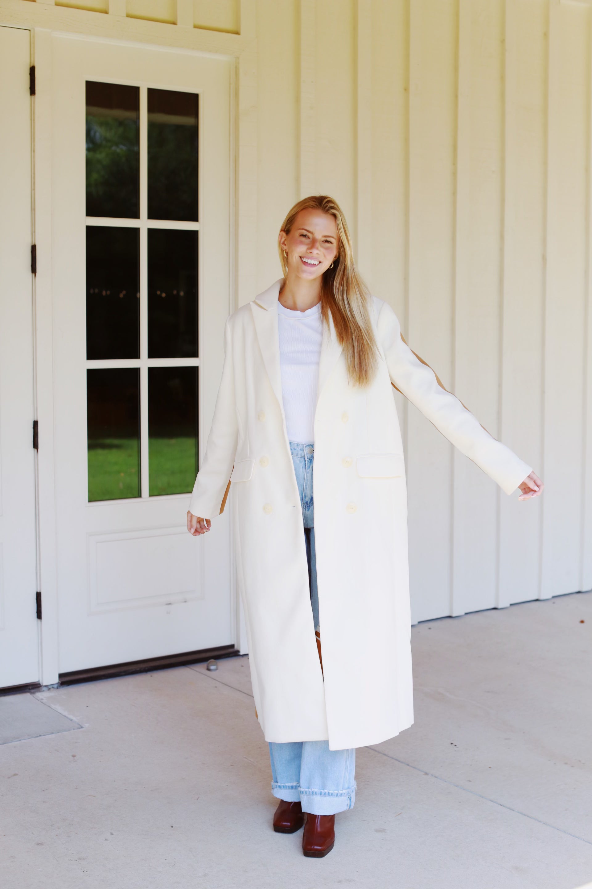 Premium Kris Colorblocked Long Coat - Ivory/Beige