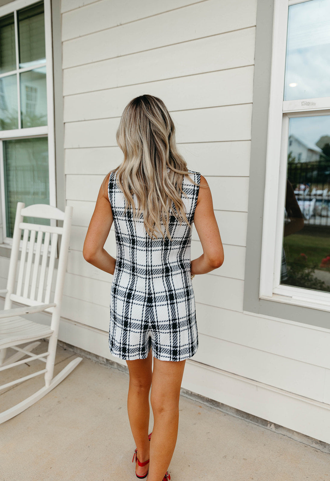 Premium Campbell Tweed Romper - Chic White & Black Design