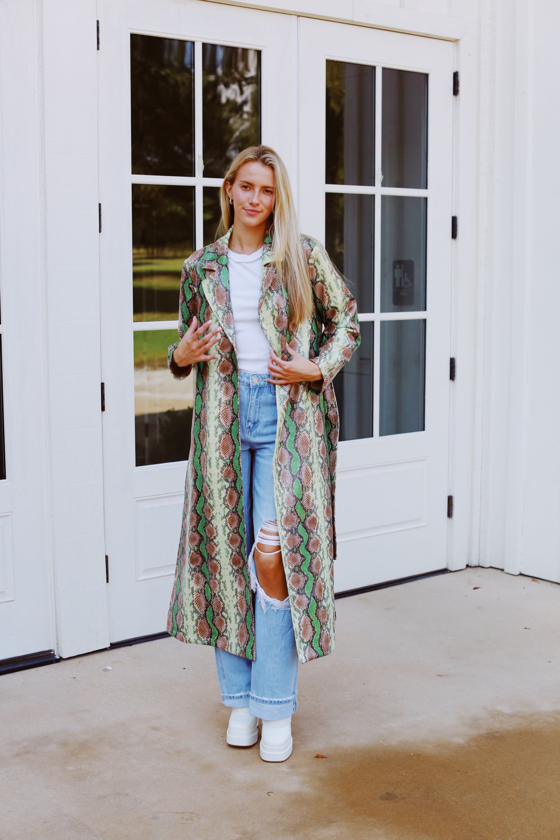 Premium Snake Print Trench Coat with Detachable Faux Fur Collar