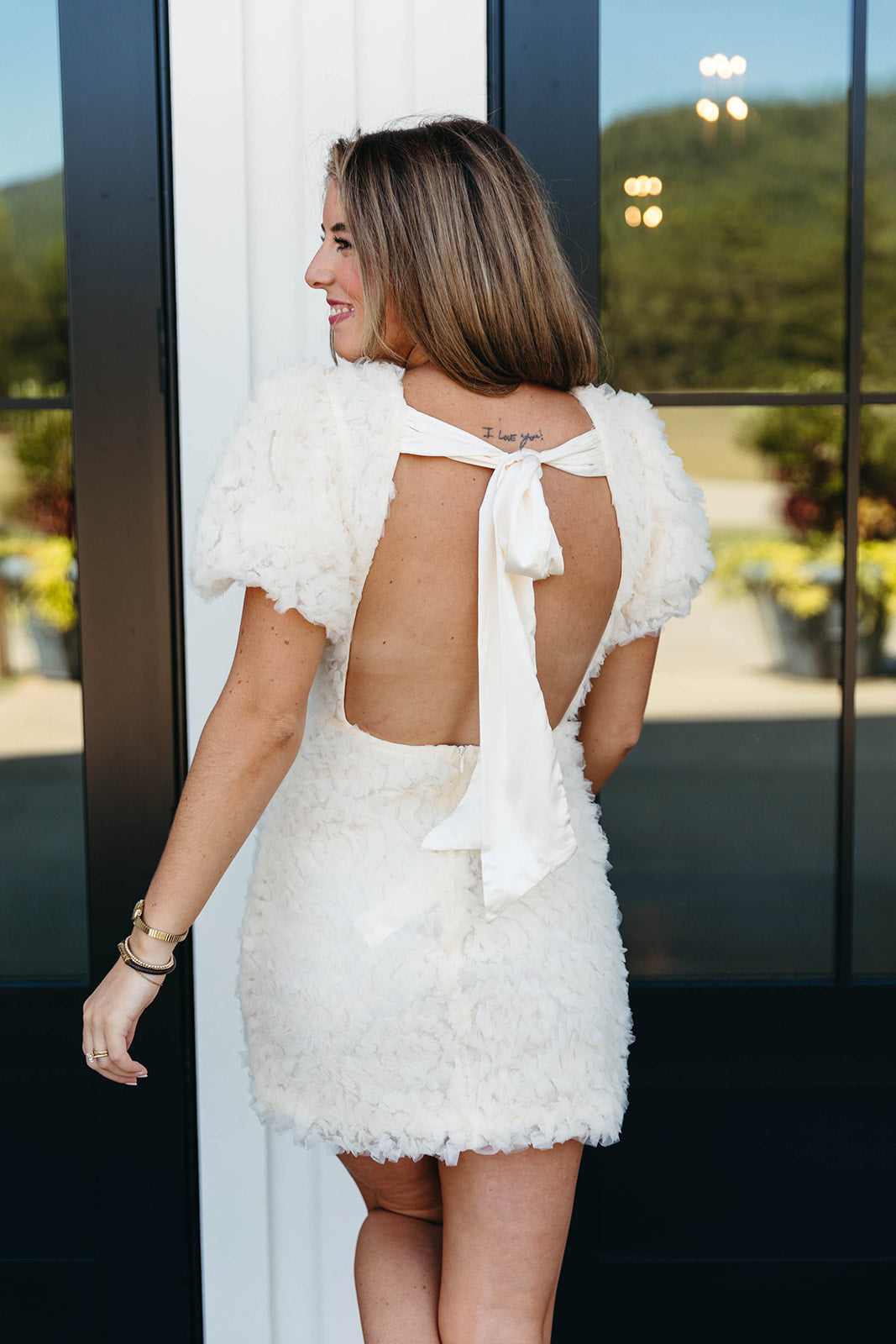 Premium Rory Mini Dress - Cream | Floral Applique & Puff Sleeves