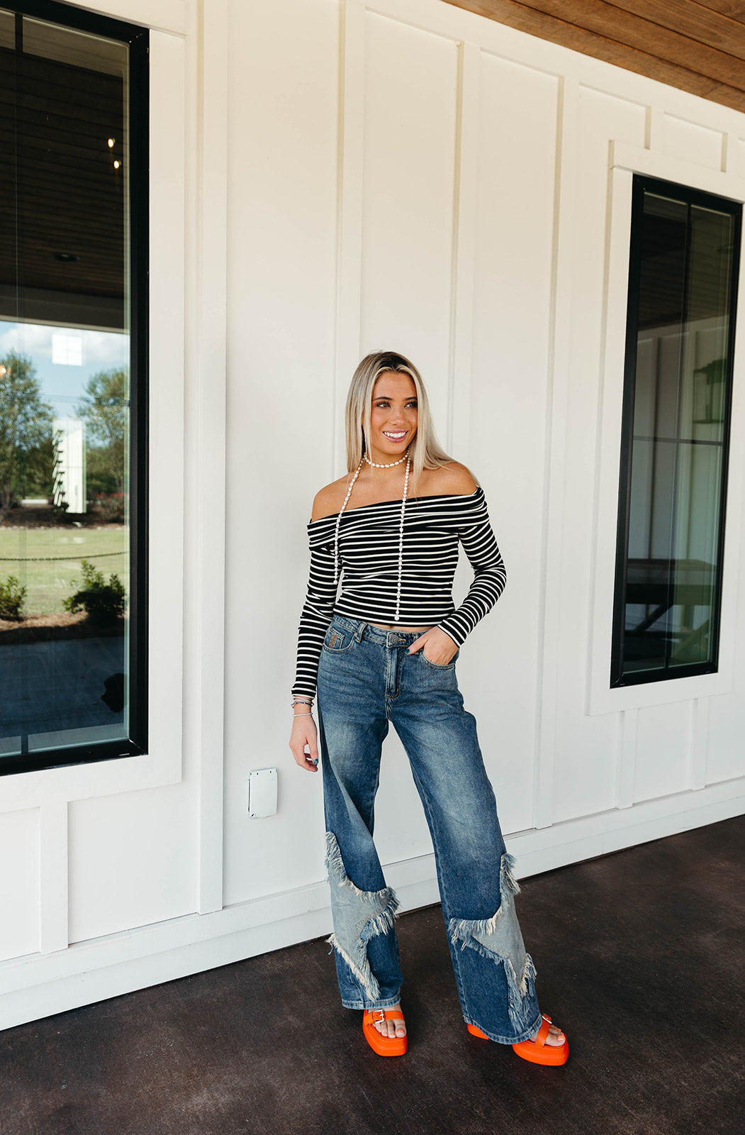 Premium Lilah Striped Off-Shoulder Top - Black/Beige