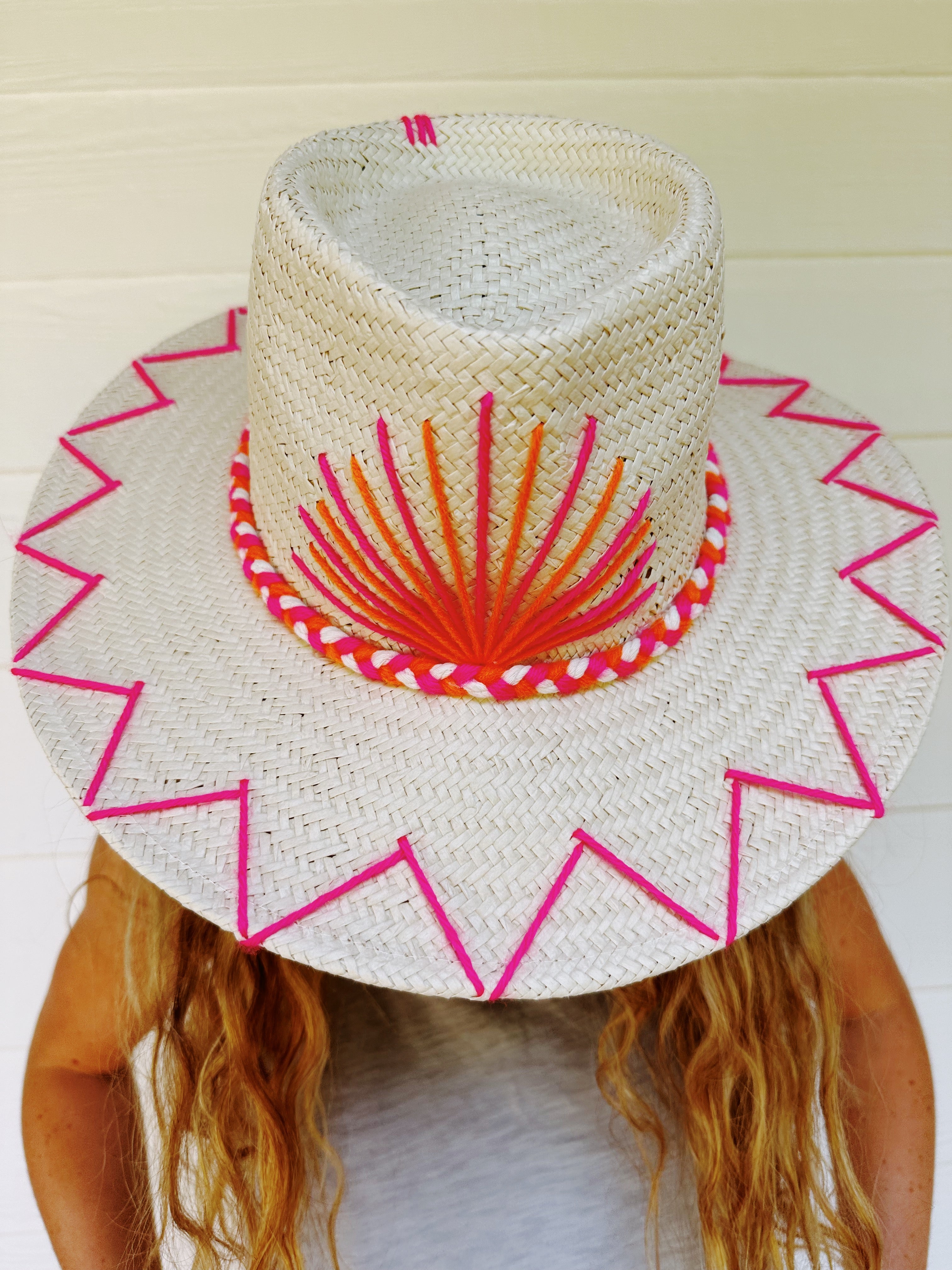 Premium Funky + Fun Sunhat - Light Beige with Pink & Orange Accents