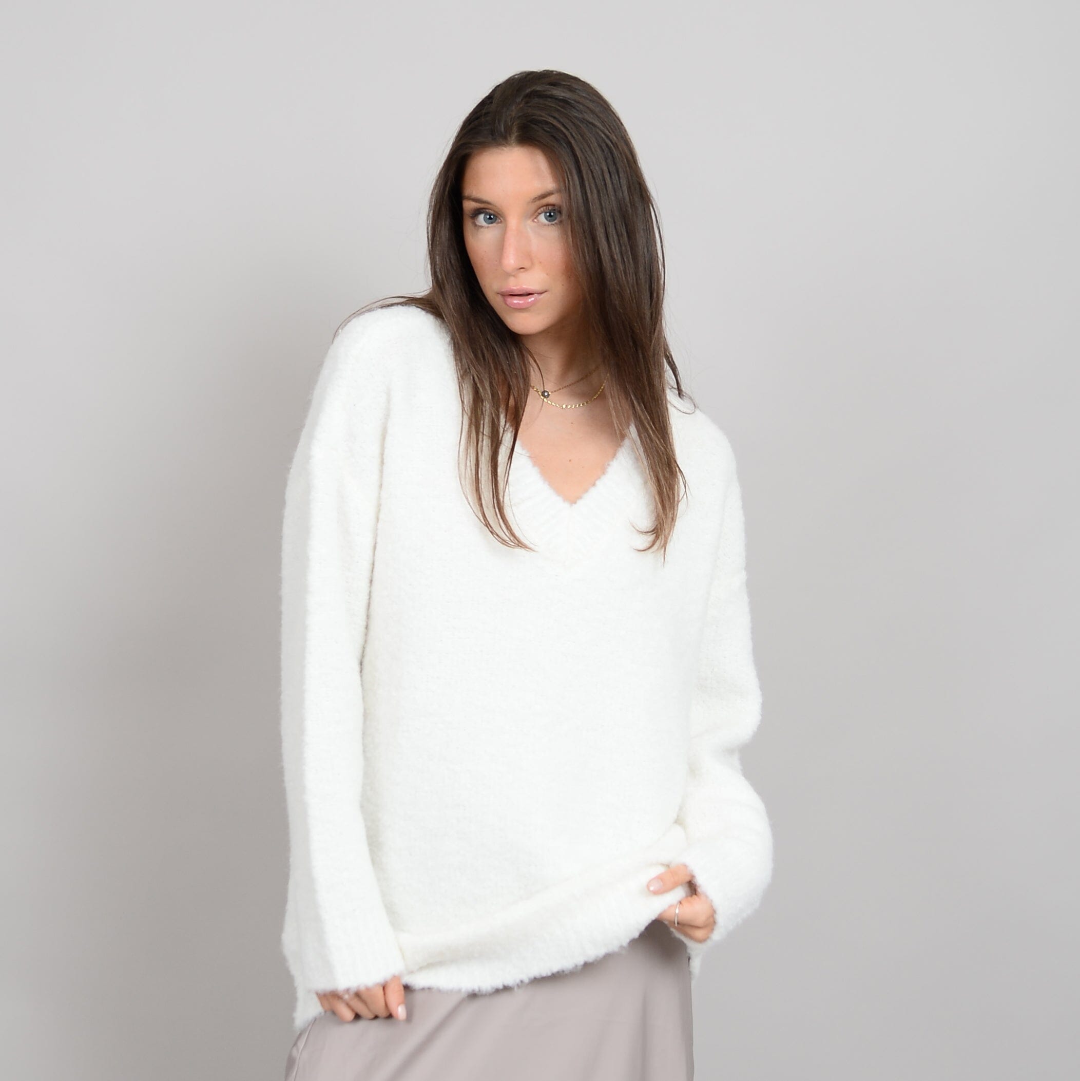 Premium Winter White V-Neck Sweater - Ultimate Cozy Chic