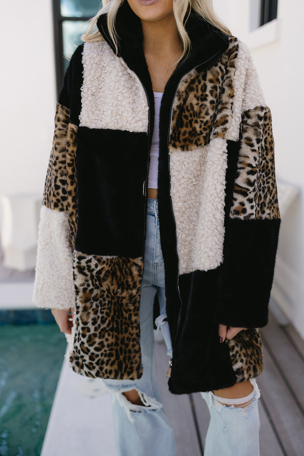 Premium Layna Leopard Print Faux Fur Coat - Black
