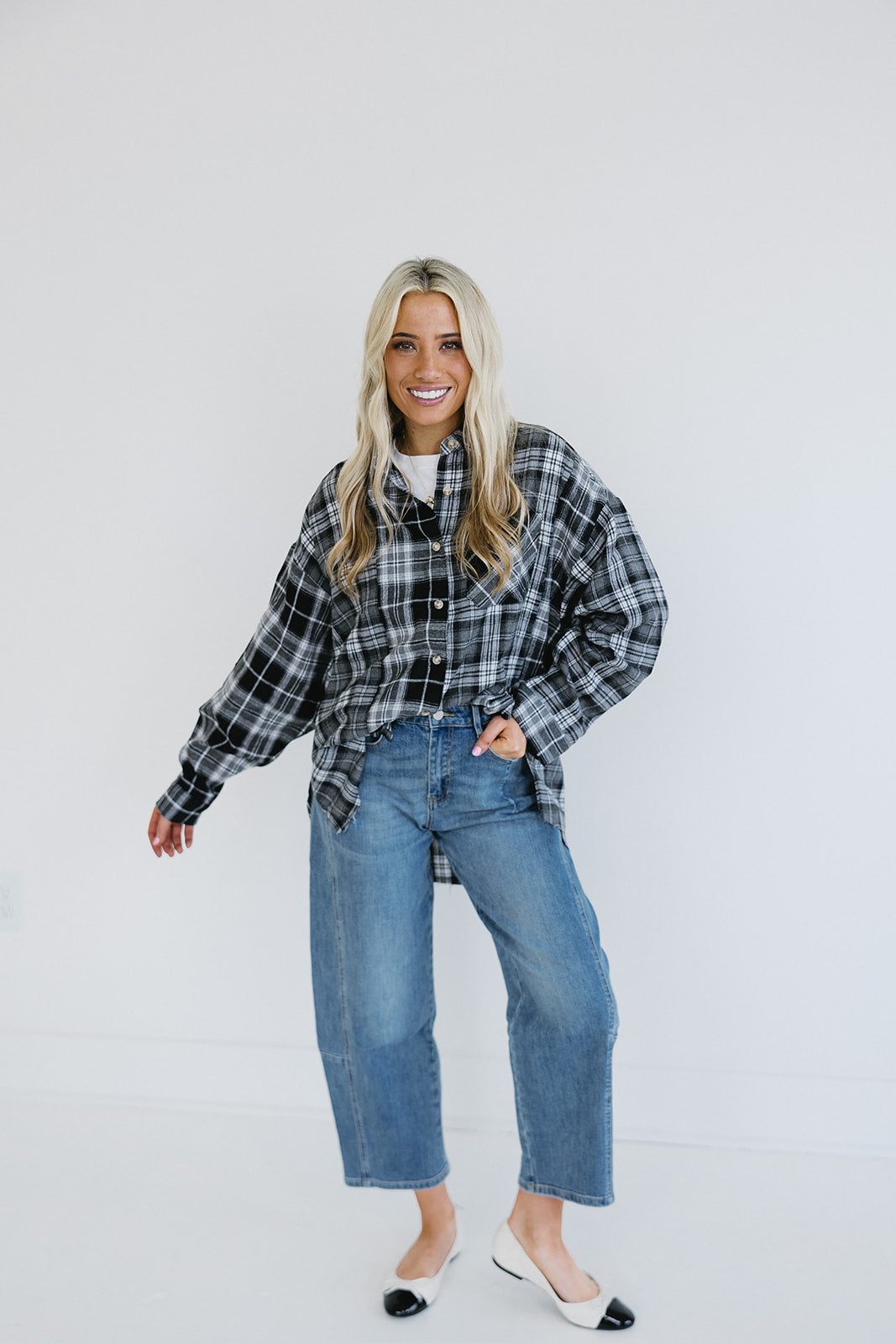 Premium Oversized Flannel Button-Up Top - Black