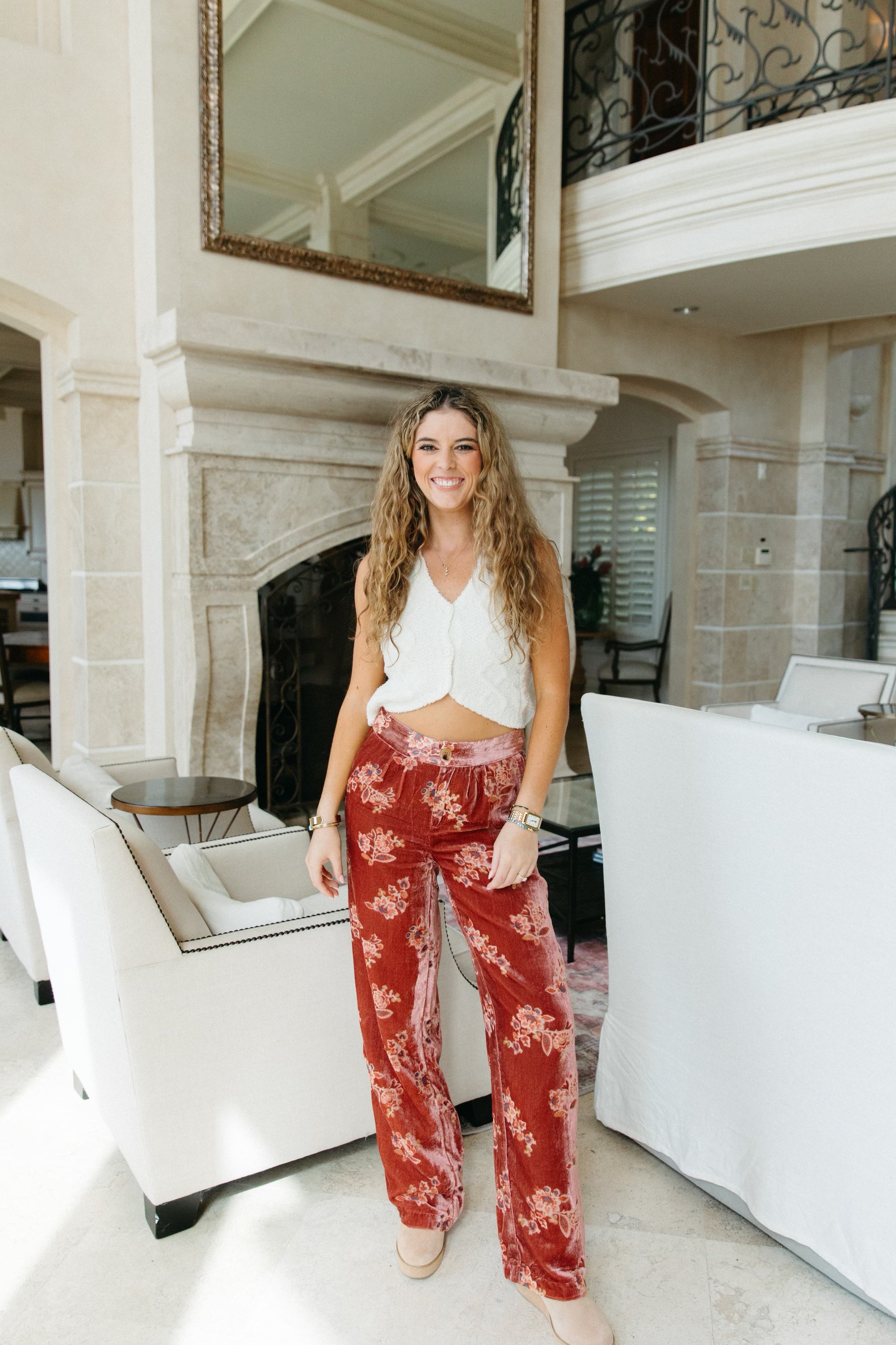 Premium Norma Velvet Trousers - Floral Print Multi-Season Style